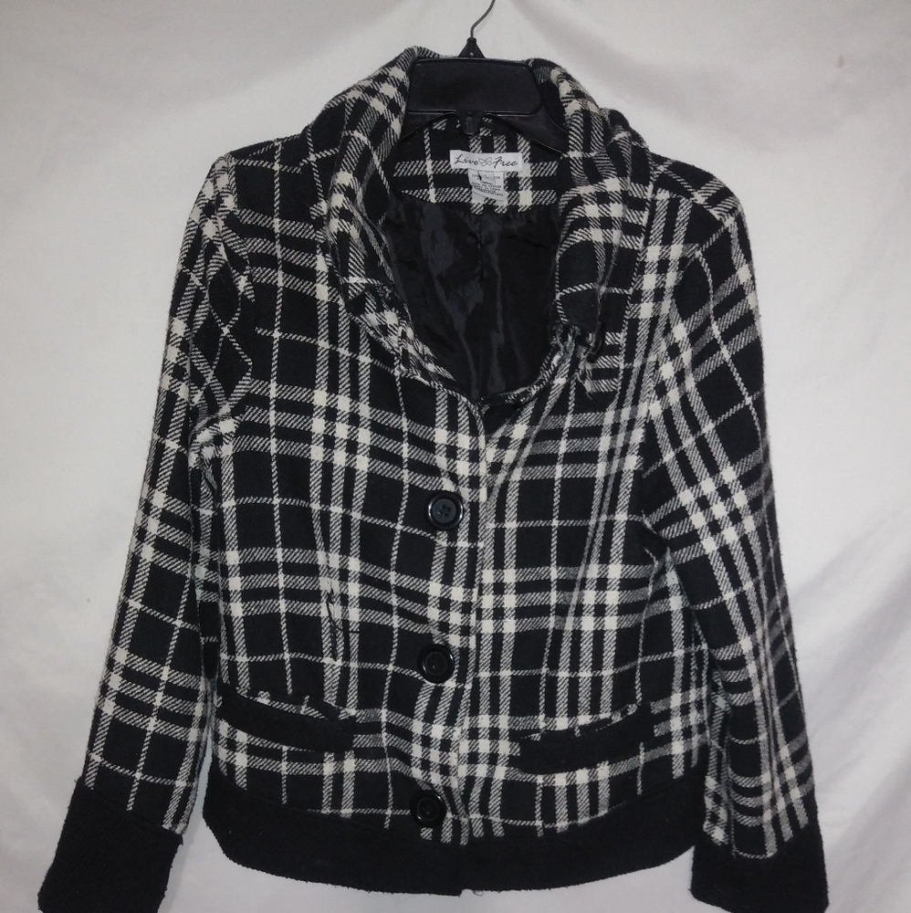 Live Free L Plaid Wool Blend Waist Jacket in Black White
